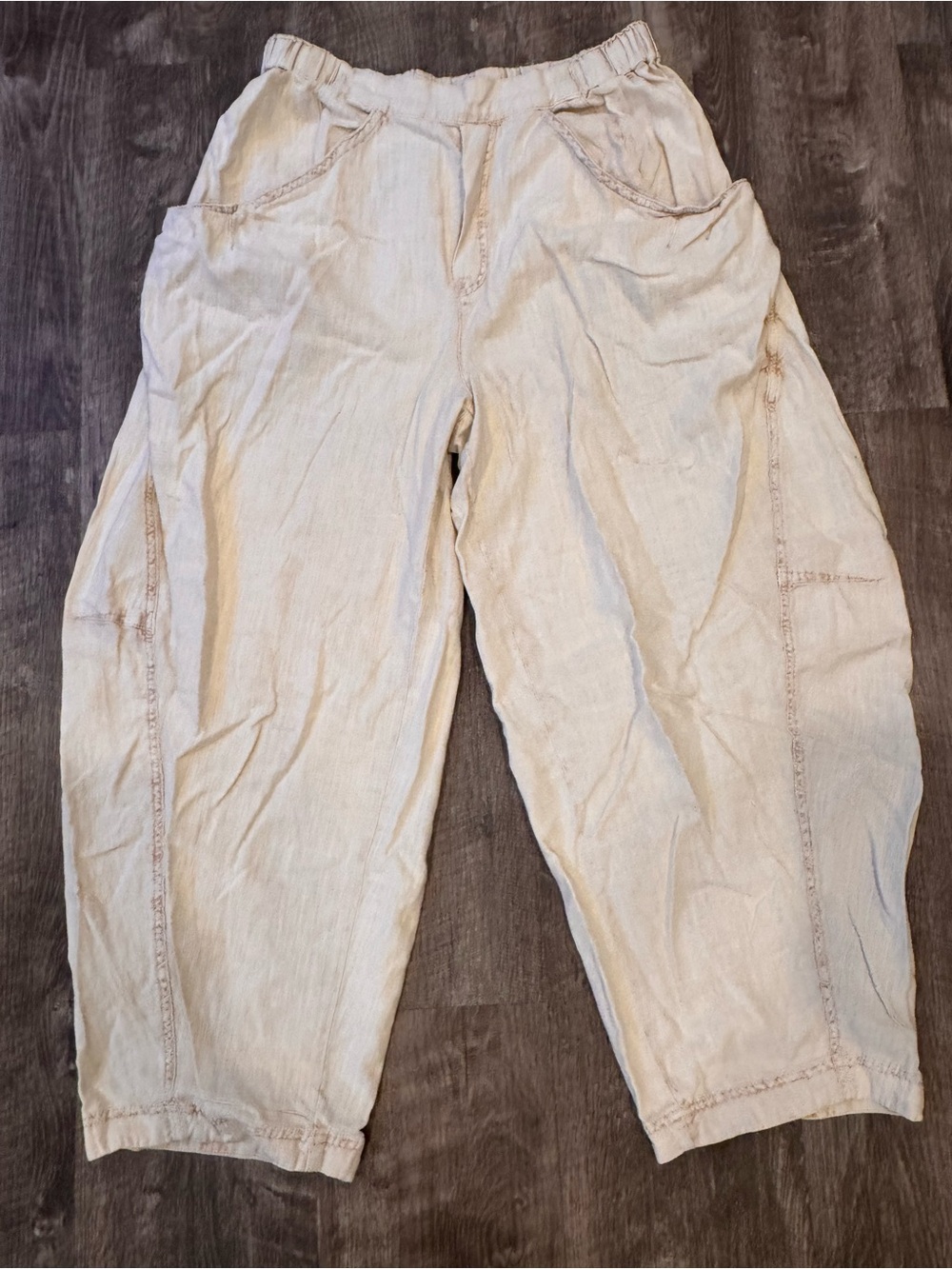 Free People Neutral Beige Elastic Waist Linen Beachy Pants